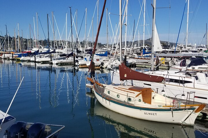Explore the serene beauty of Sausalito's marina with charming boats bobbing gently in the water inviting travelers to unwind and soak in the stunning views of the Bay.